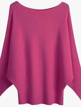 Pink - Boat Neck Batwing Sleeves Dolman Knitted Sweater - One Size